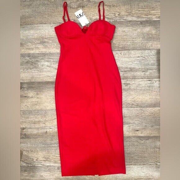 ZARA Blogger Fave Red Fitted Midi Dress NWT Size M - Picture 15 of 16